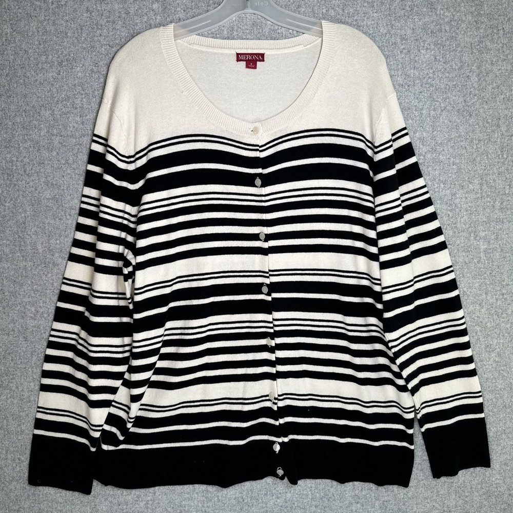Merona Size 2 Womens Cardigan‎ Sweater Striped Long Sleeve Button Cream Black